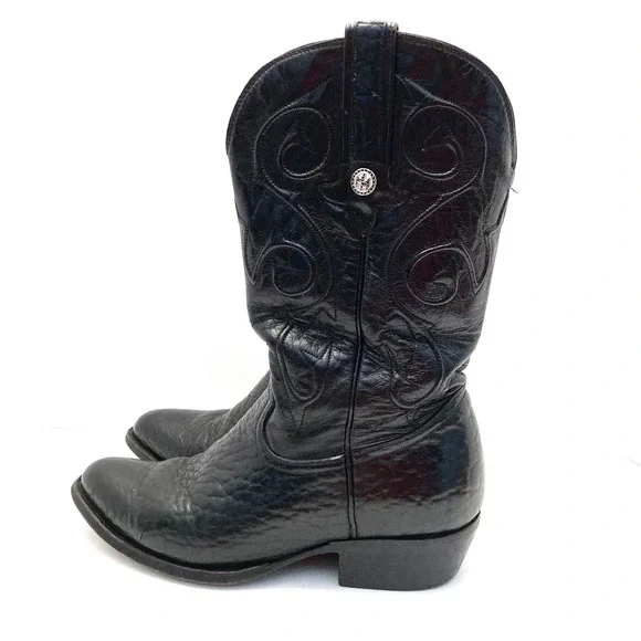 Montana Western Cowboy Boots Mens 7.5 E Bull Hide Leather Black Emboidered - Picture 3 of 11